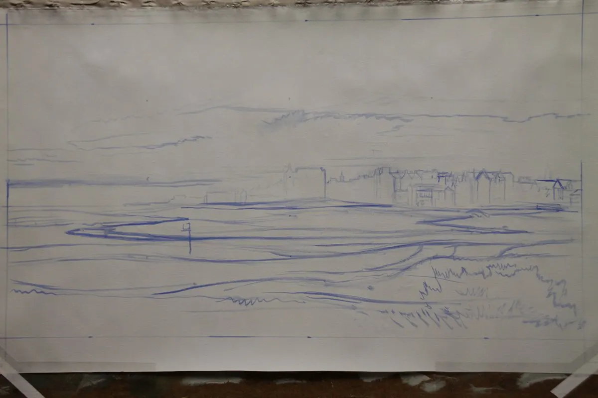A work-in-progress painting of the 1st hole at St Andrews (Old Course) by renowned Hilton Head Island artist Linda Hartough