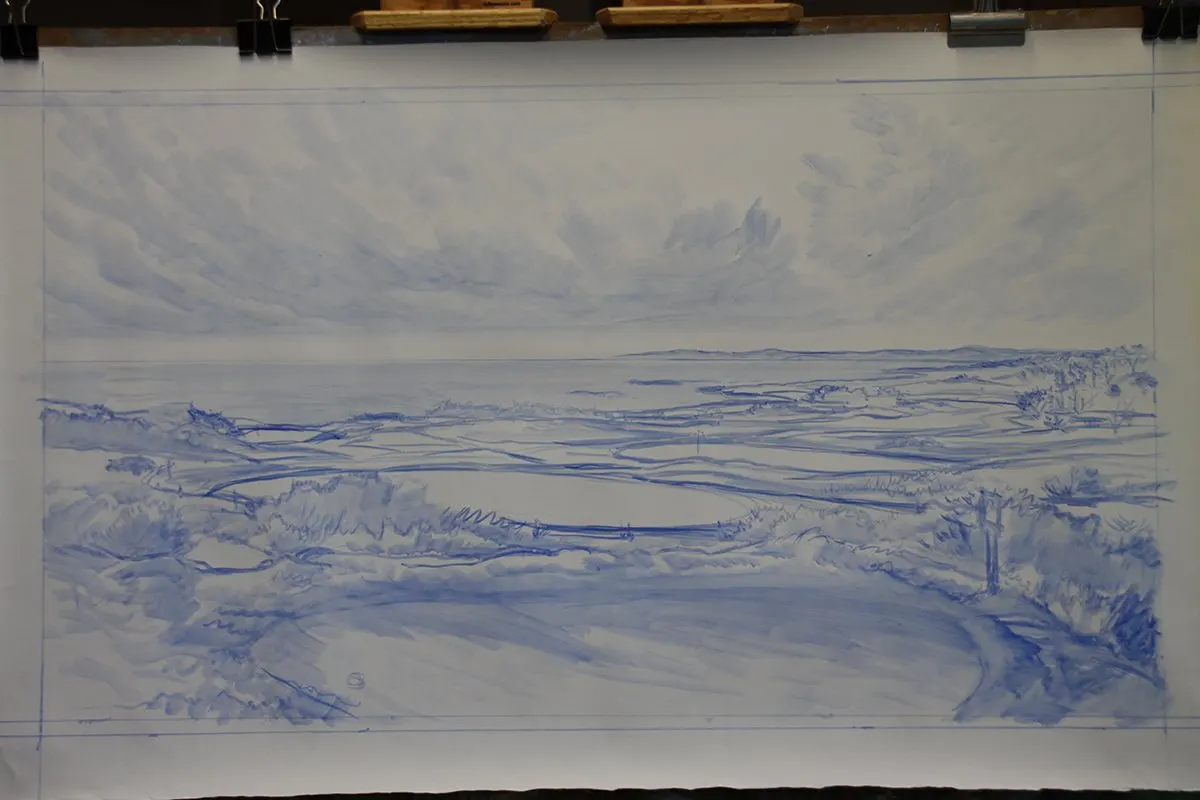 A work-in-progress painting of the 3rd hole at Spyglass Hill by renowned Hilton Head Island artist Linda Hartough