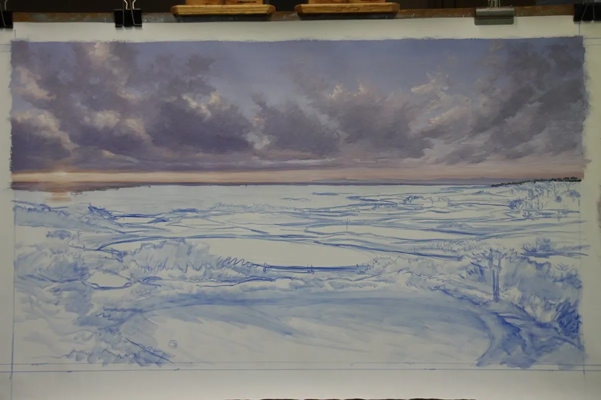 A work-in-progress painting of the 3rd hole at Spyglass Hill by renowned Hilton Head Island artist Linda Hartough