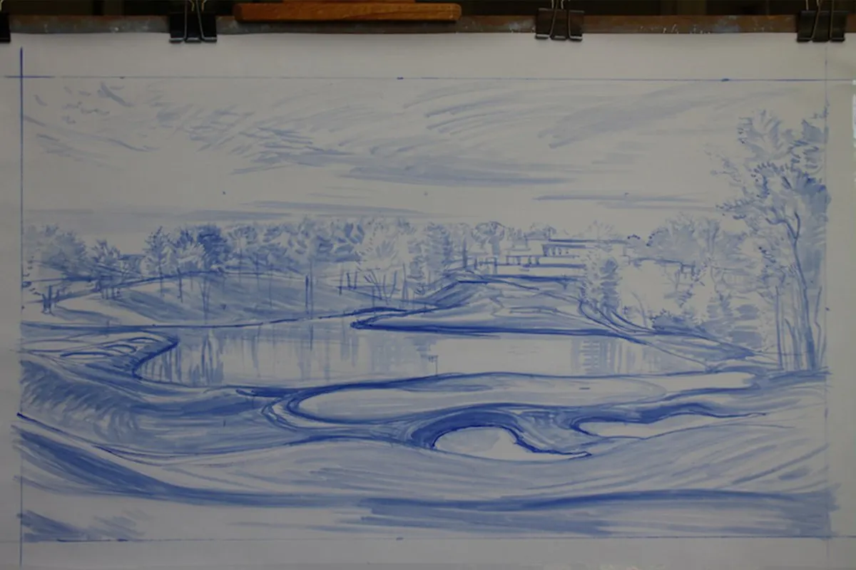 A work-in-progress painting of the 10th hole at Congressional, 2011 US Open Championship by renowned Hilton Head Island artist Linda Hartough