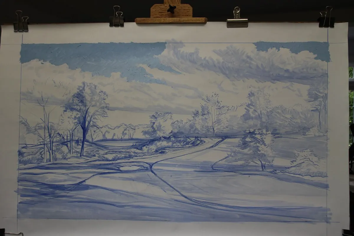 A work-in-progress painting of the 16th hole at Merion, 2013 US Open Championship by renowned Hilton Head Island artist Linda Hartough