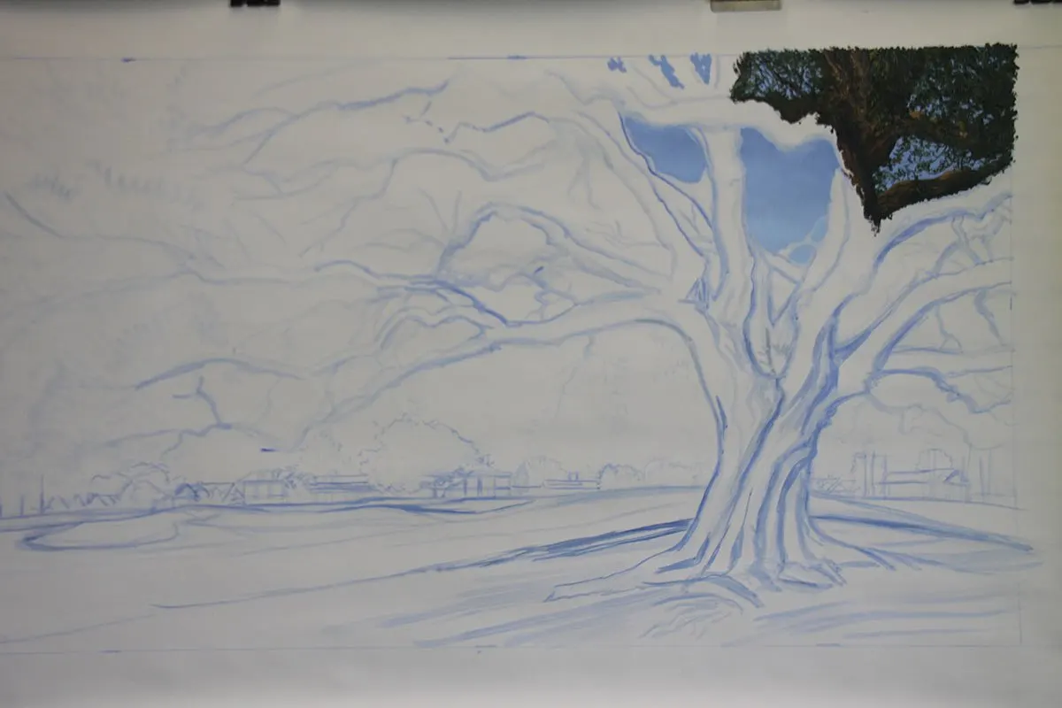 A work-in-progress painting of the 18th hole at Clubhouse, Augusta National by renowned Hilton Head Island artist Linda Hartough