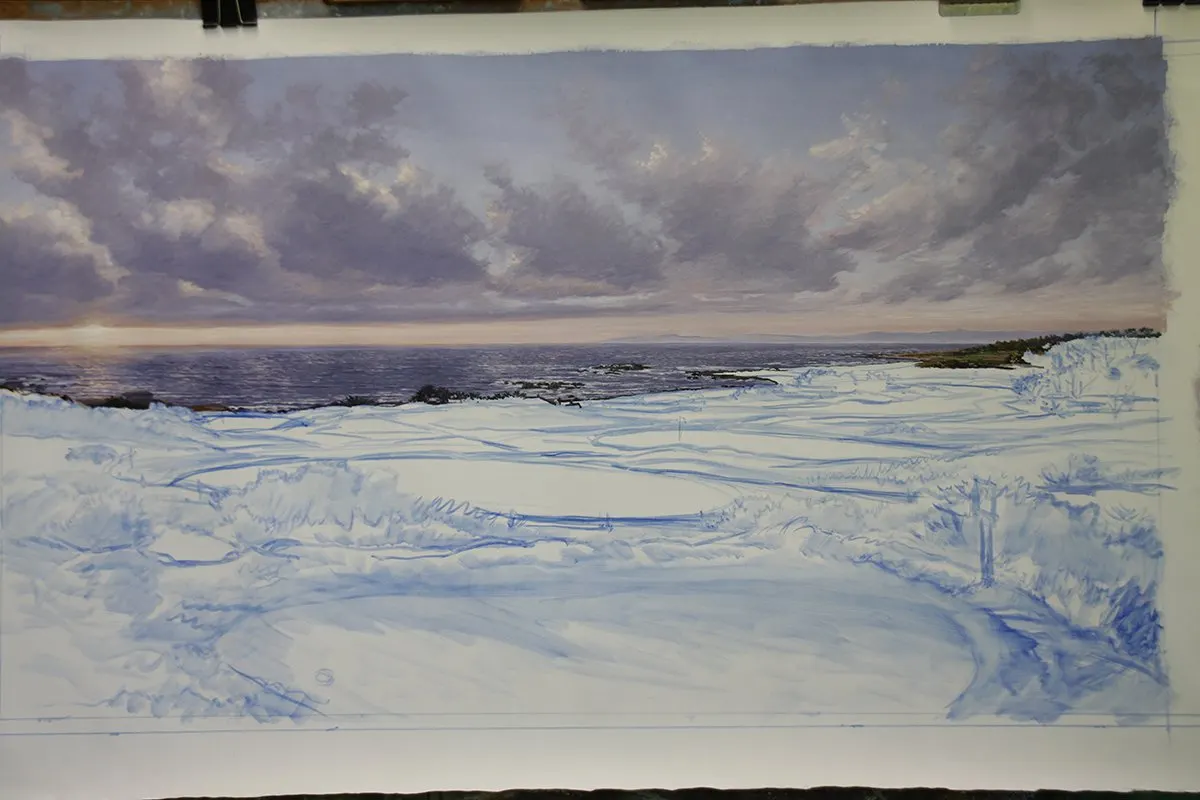 A work-in-progress painting of the 3rd hole at Spyglass Hill by renowned Hilton Head Island artist Linda Hartough
