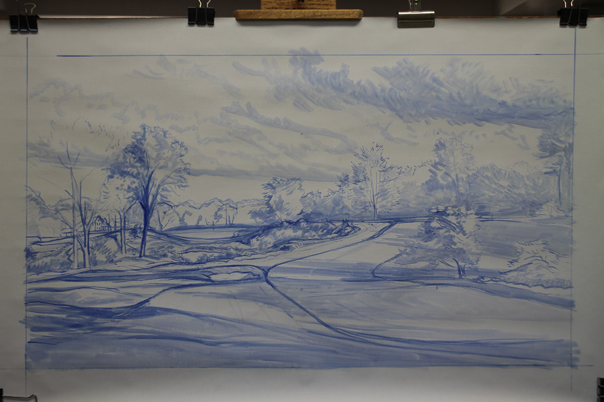A work-in-progress painting of the 16th hole at Merion, 2013 US Open Championship by renowned Hilton Head Island artist Linda Hartough