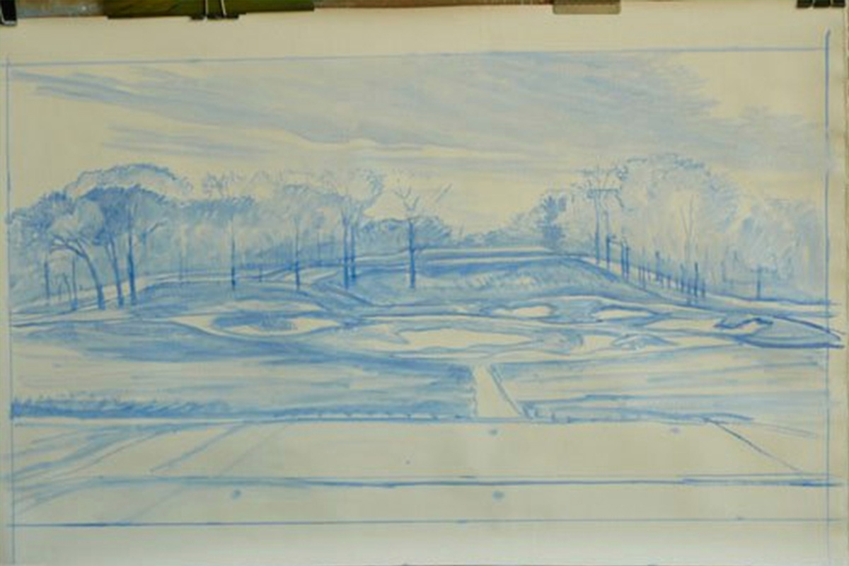 A work-in-progress painting of the 17th hole at Bethpage, 2009 US Open Championship by renowned Hilton Head Island artist Linda Hartough