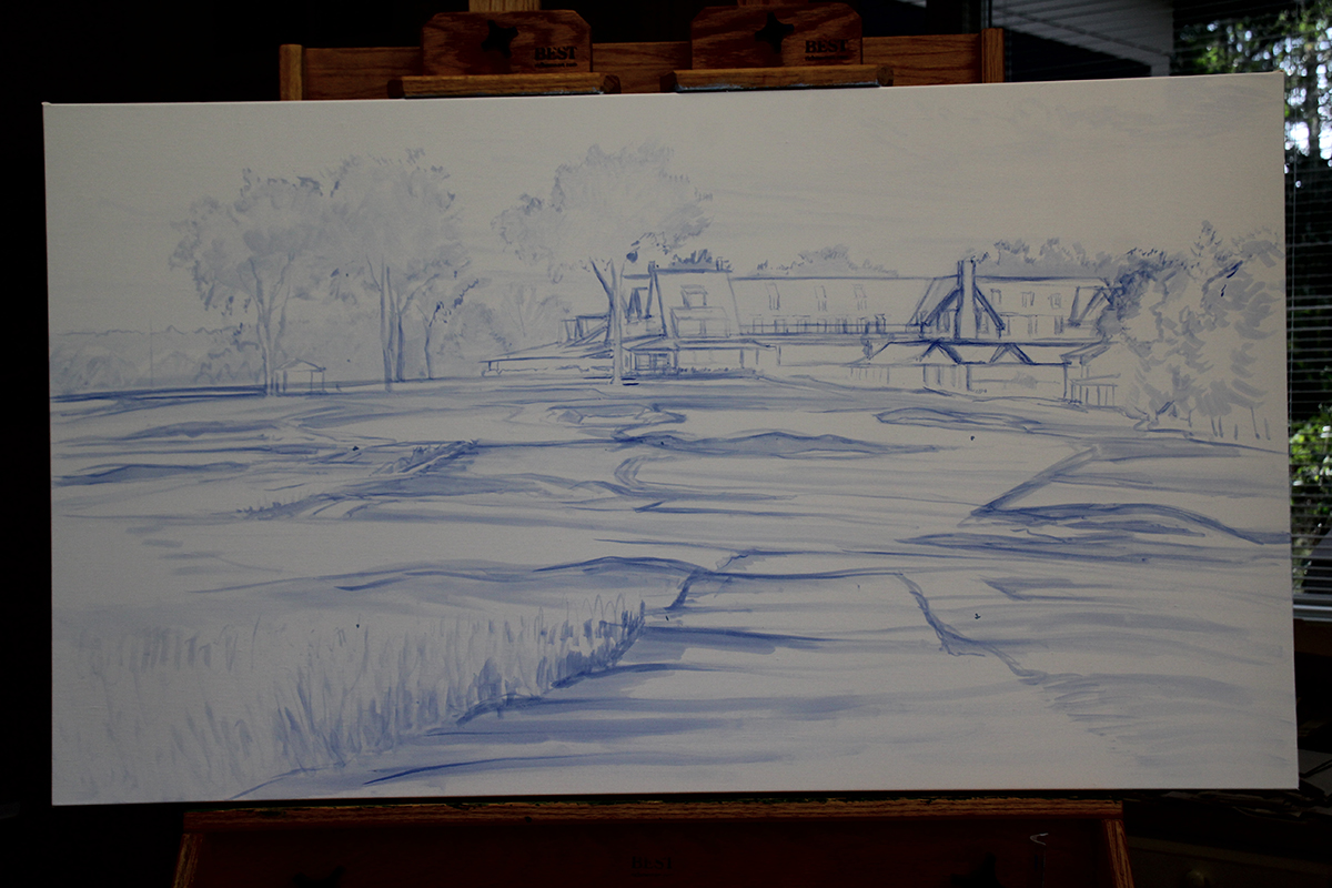 A work-in-progress painting of the 18th hole at Oakmont Country Club by renowned Hilton Head Island artist Linda Hartough