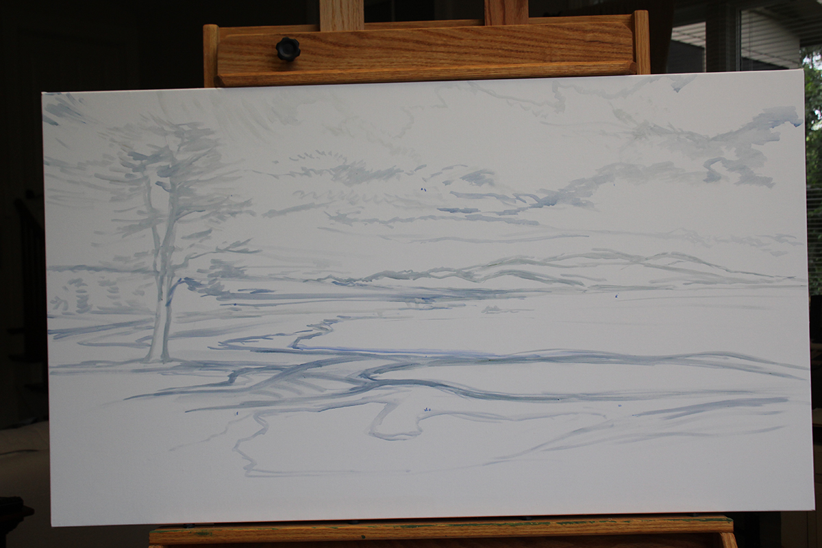 A work-in-progress painting of the 18th hole at Pebble Beach by renowned Hilton Head Island artist Linda Hartough