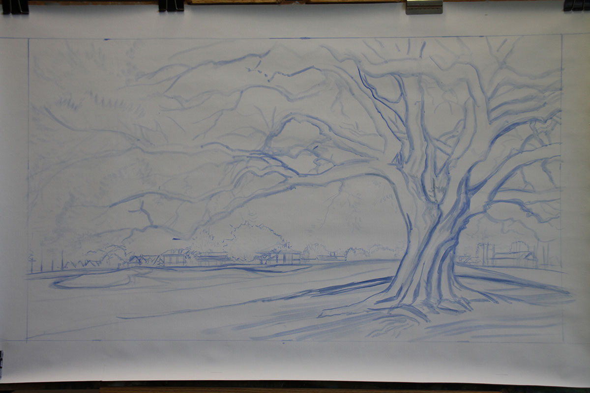 A work-in-progress painting of the 18th hole at Clubhouse, Augusta National by renowned Hilton Head Island artist Linda Hartough