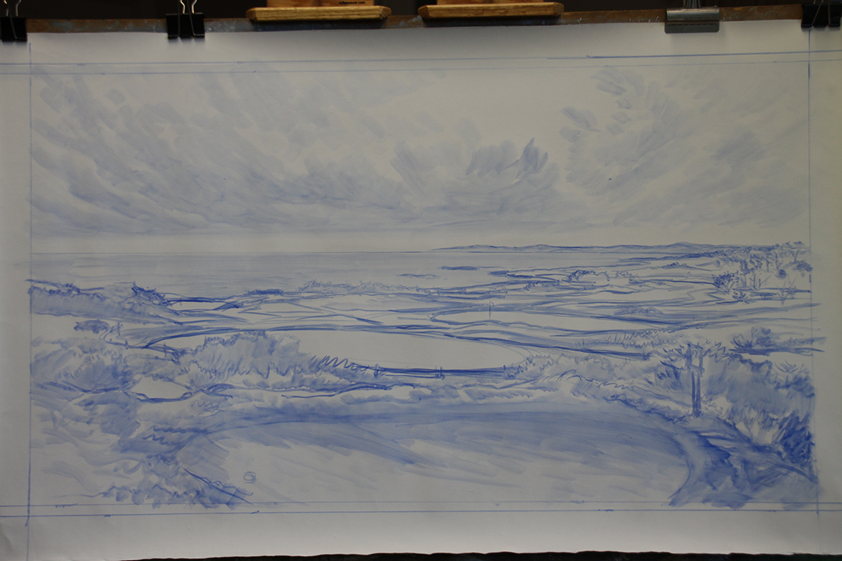 A work-in-progress painting of the 3rd hole at Spy Glass Hill by renowned Hilton Head Island artist Linda Hartough