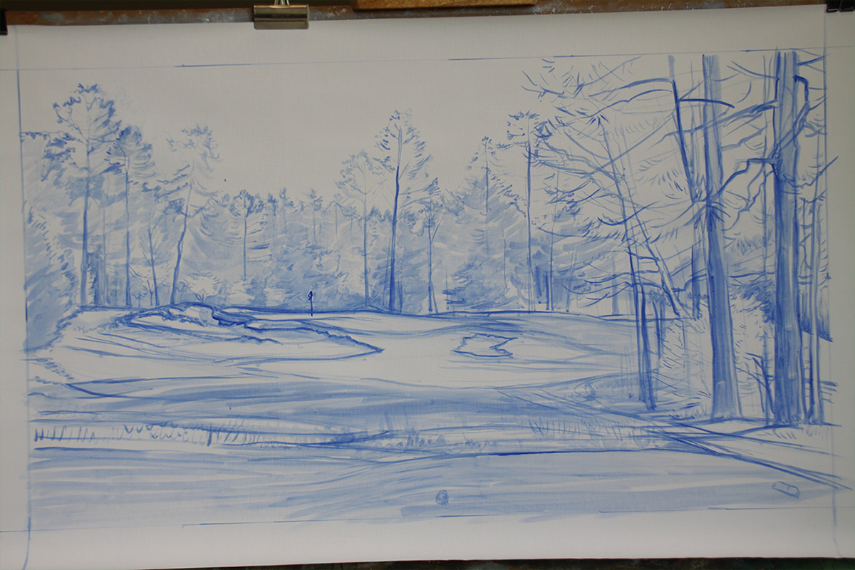 A work-in-progress painting of the 5th hole at Pinehurst, 2014 US Open Championship by renowned Hilton Head Island artist Linda Hartough