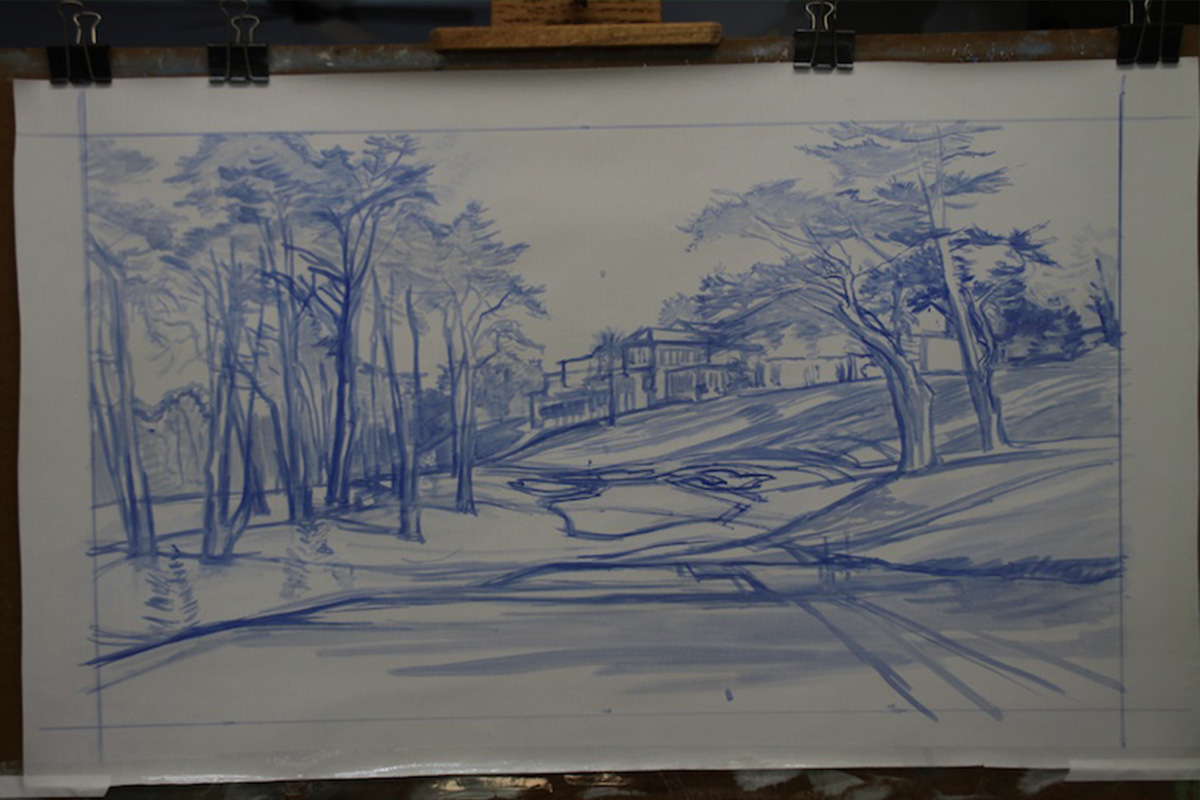 A work-in-progress painting of the 8th hole at Olympic, 2012 US Open Championship by renowned Hilton Head Island artist Linda Hartough