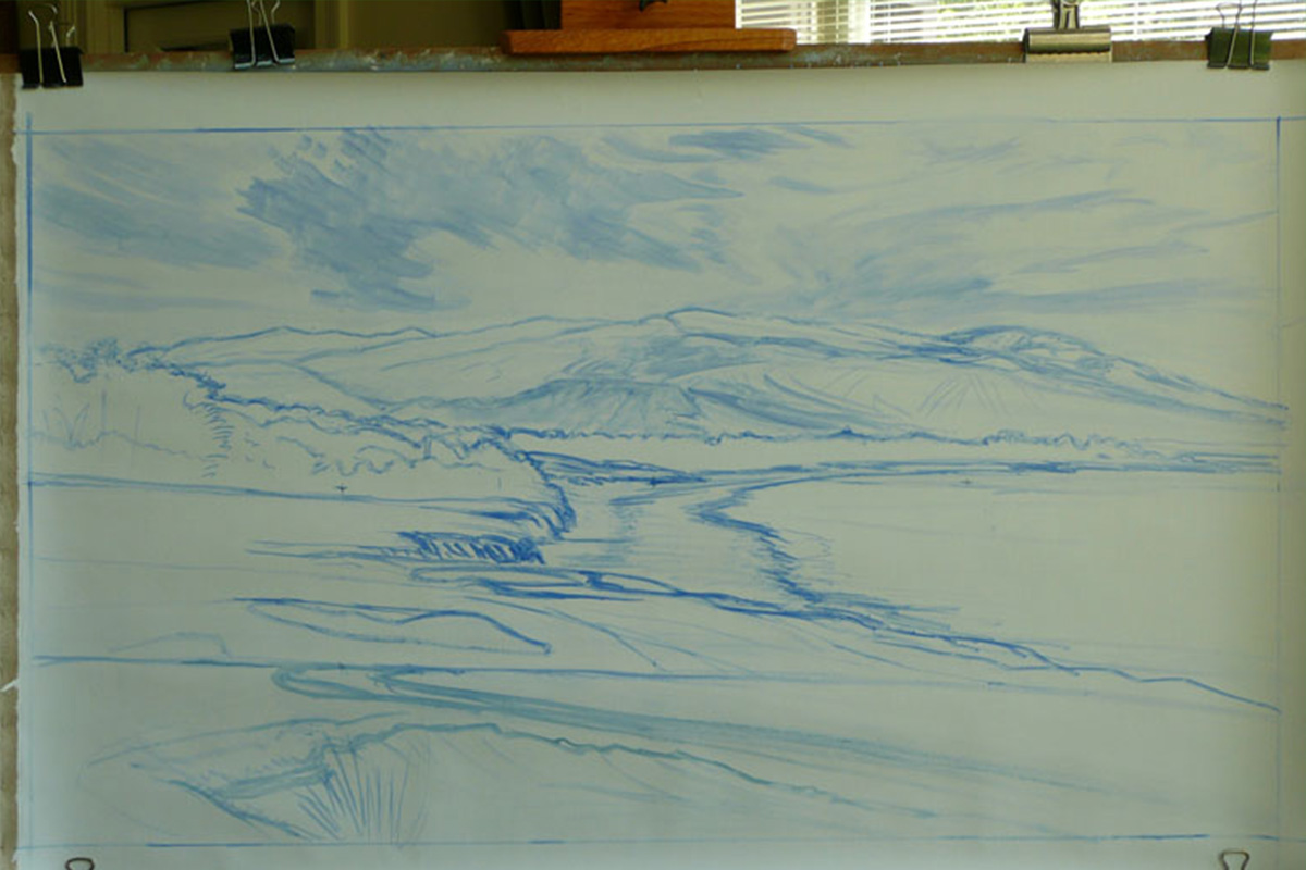 A work-in-progress painting of the 9th hole at Pebble Beach, 2010 US Open Championship by renowned Hilton Head Island artist Linda Hartough