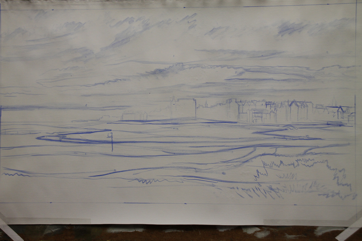 A work-in-progress painting of the 1st hole at St Andrews (Old Course) by renowned Hilton Head Island artist Linda Hartough