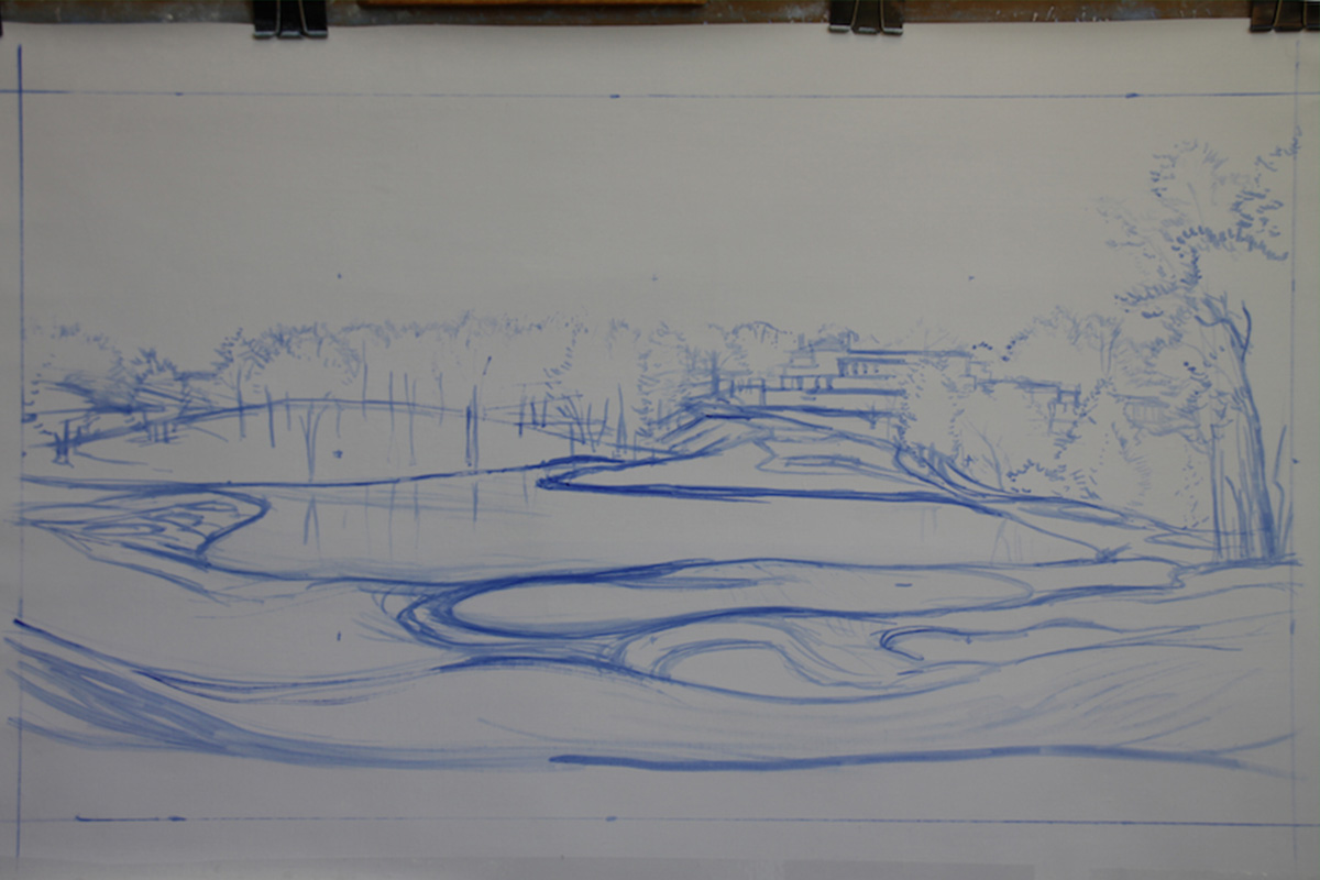 A work-in-progress painting of the 10th hole at Congressional, 2011 US Open Championship by renowned Hilton Head Island artist Linda Hartough