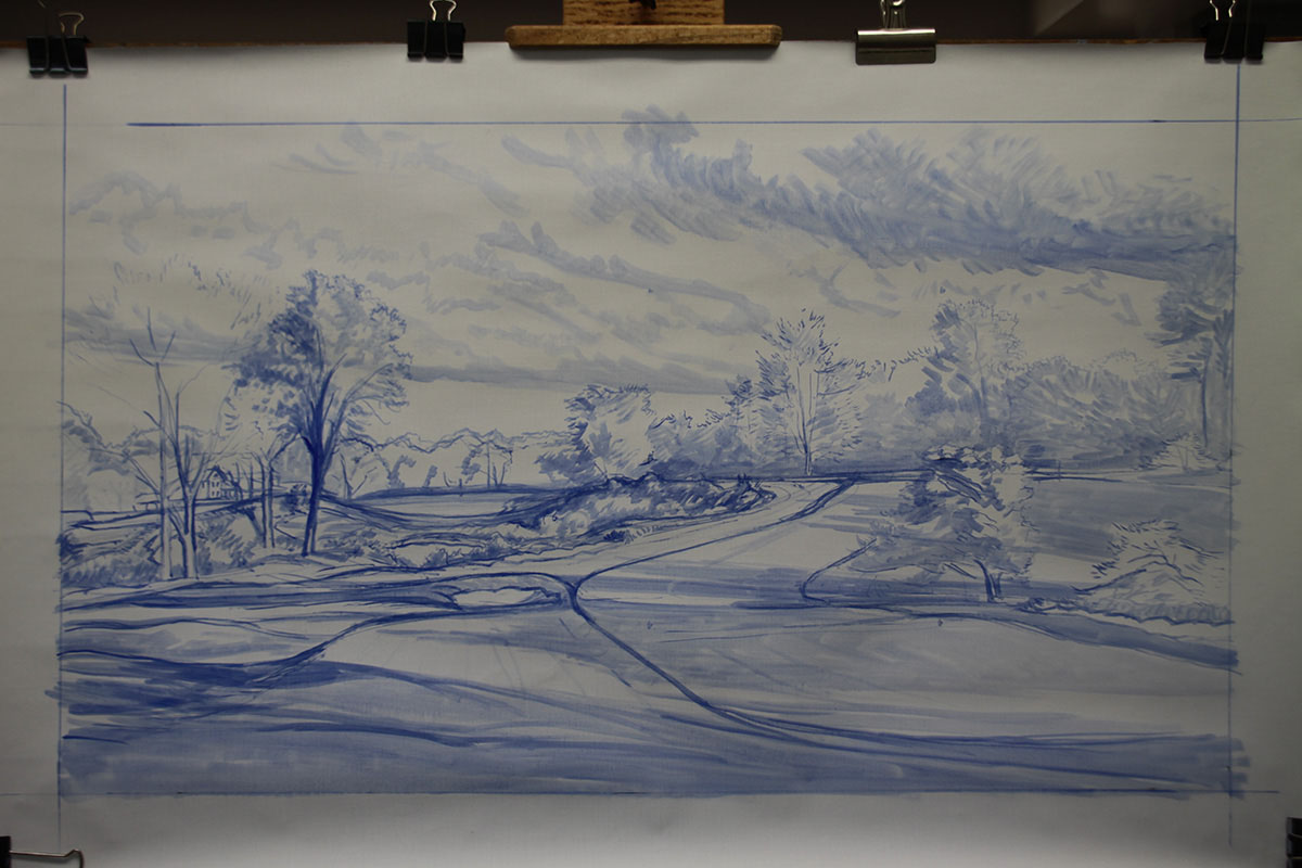 A work-in-progress painting of the 16th hole at Merion, 2013 US Open Championship by renowned Hilton Head Island artist Linda Hartough