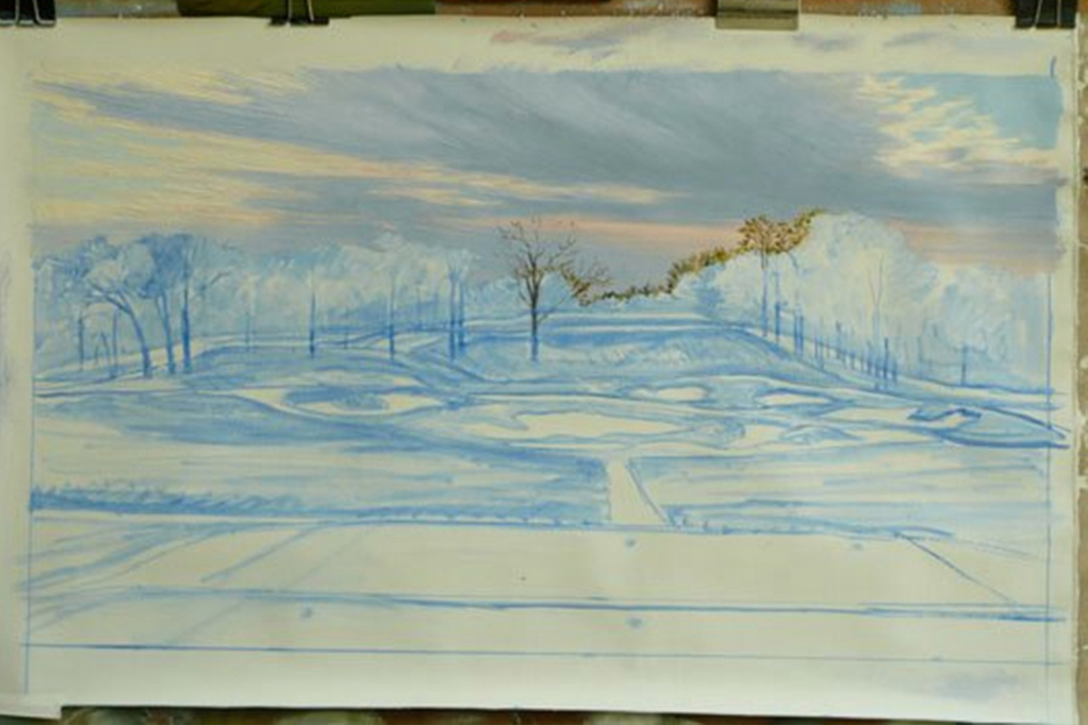 A work-in-progress painting of the 17th hole at Bethpage, 2009 US Open Championship by renowned Hilton Head Island artist Linda Hartough