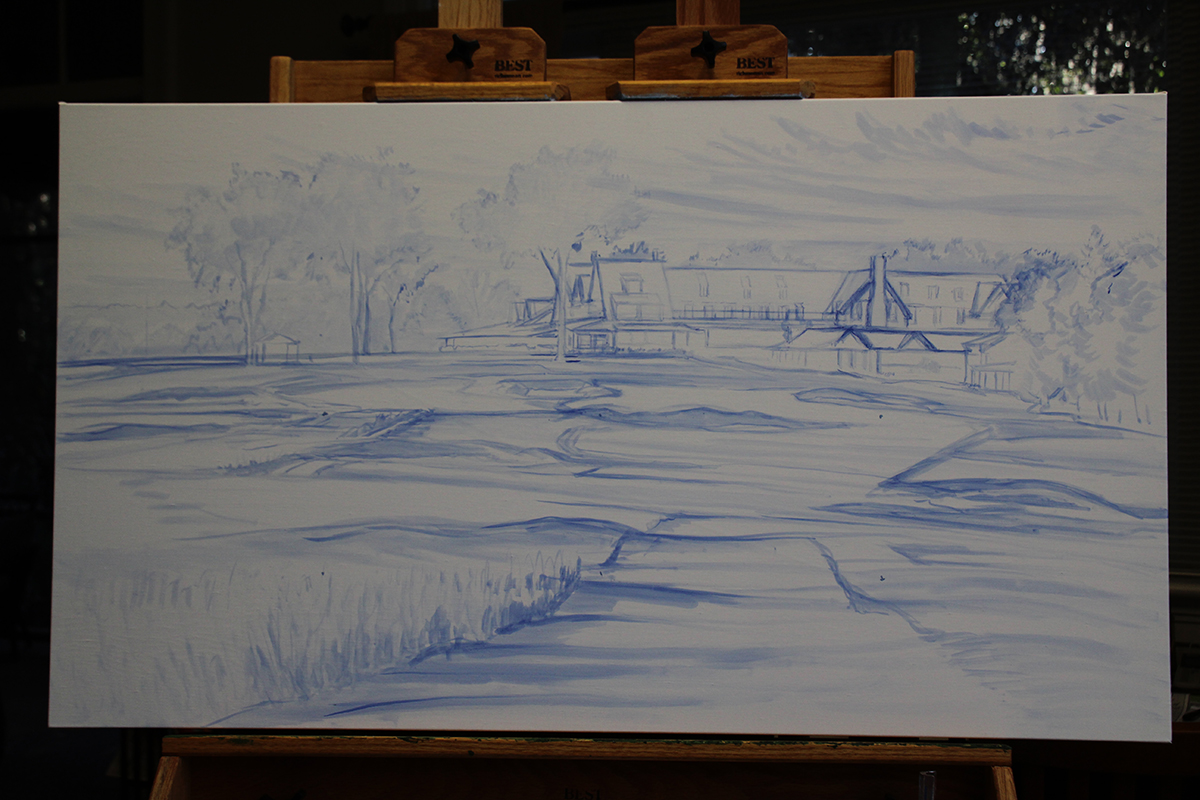 A work-in-progress painting of the 18th hole at Oakmont Country Club by renowned Hilton Head Island artist Linda Hartough