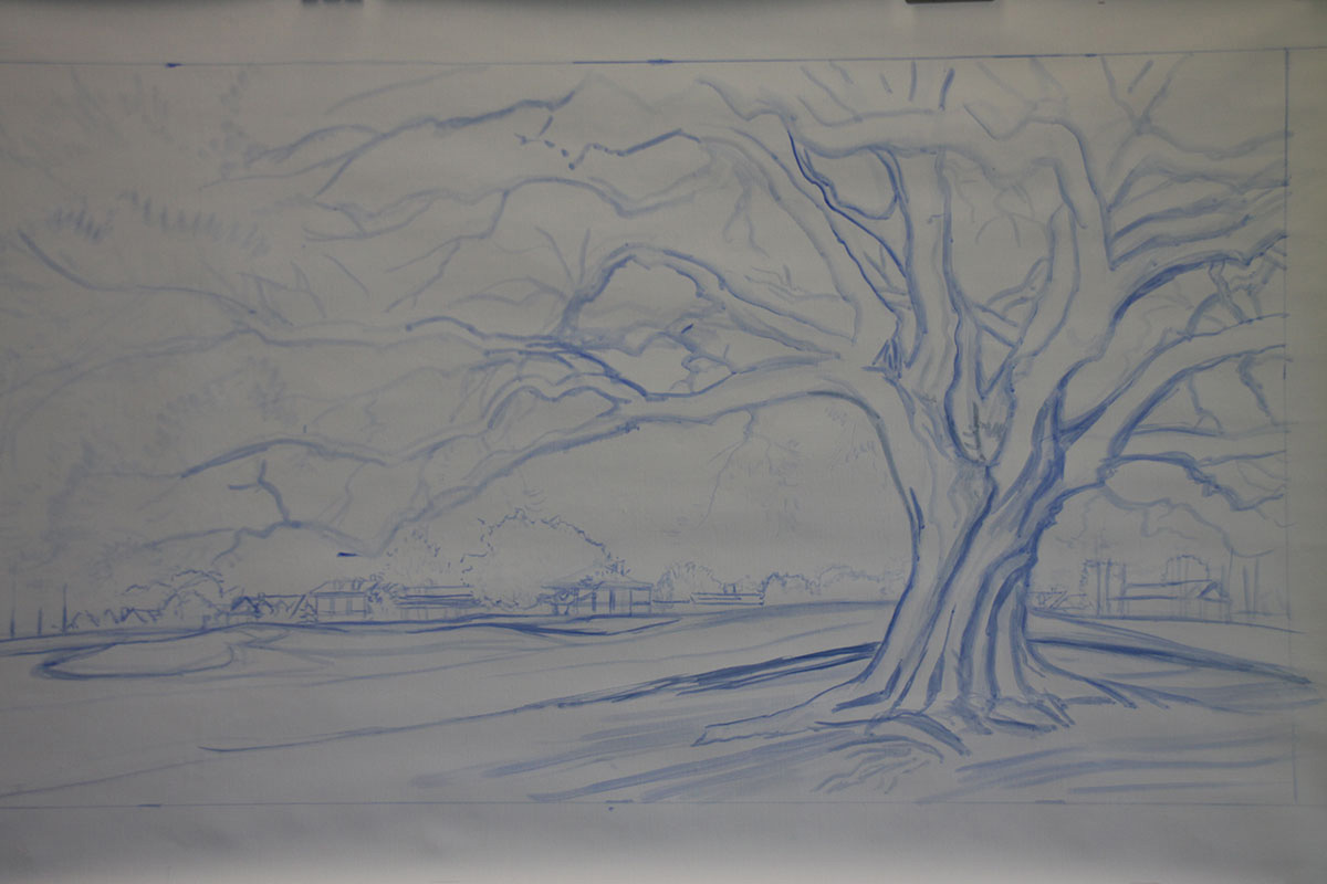 A work-in-progress painting of the 18th hole at Clubhouse, Augusta National by renowned Hilton Head Island artist Linda Hartough