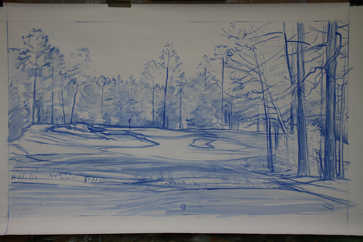 A work-in-progress painting of the 5th hole at Pinehurst, 2014 US Open Championship by renowned Hilton Head Island artist Linda Hartough