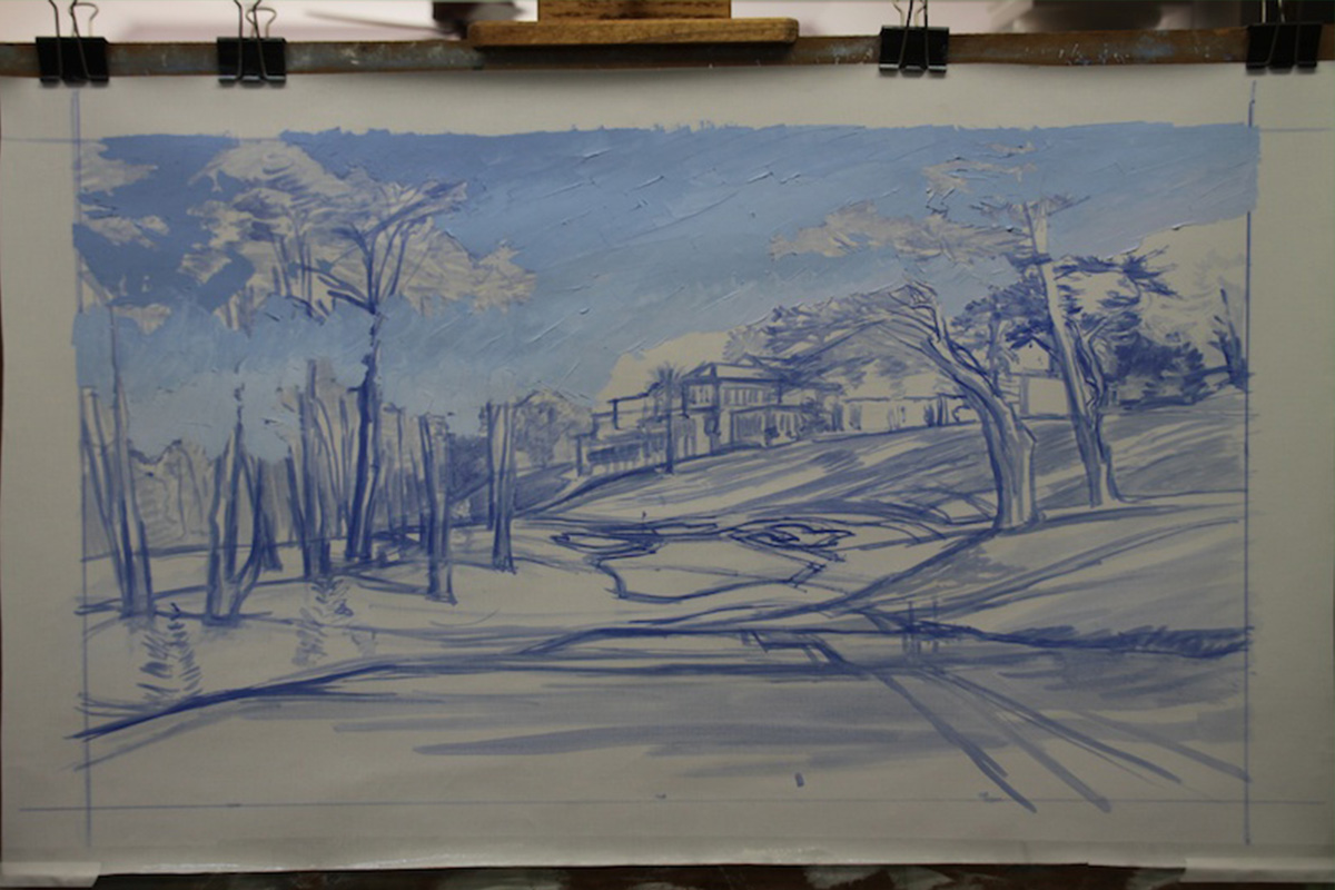 A work-in-progress painting of the 8th hole at Olympic, 2012 US Open Championship by renowned Hilton Head Island artist Linda Hartough