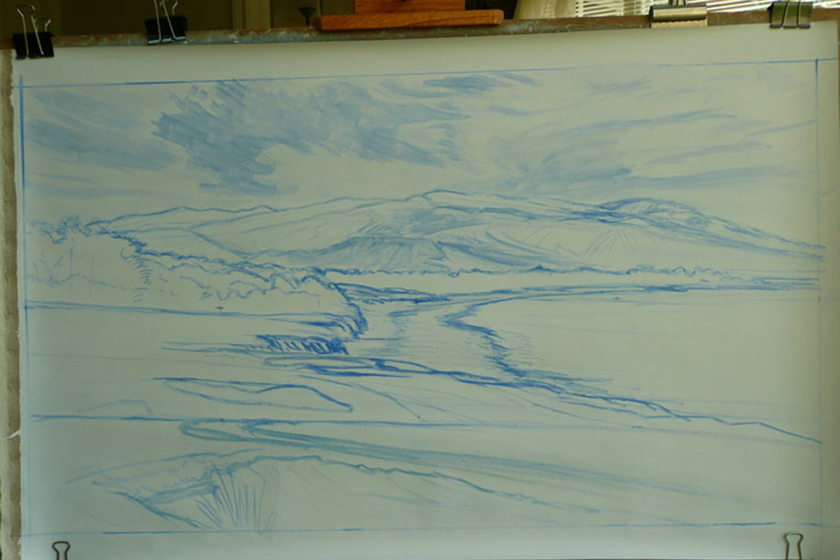 A work-in-progress painting of the 9th hole at Pebble Beach, 2010 US Open Championship by renowned Hilton Head Island artist Linda Hartough