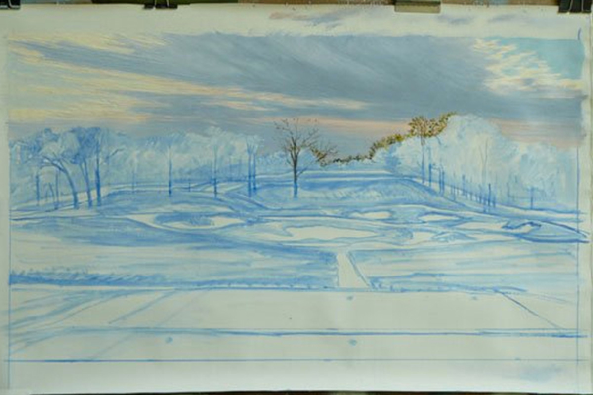 A work-in-progress painting of the 17th hole at Bethpage, 2009 US Open Championship by renowned Hilton Head Island artist Linda Hartough