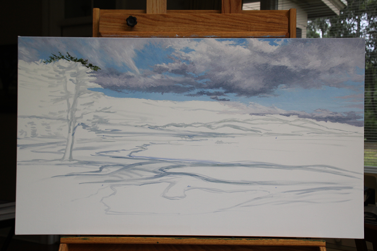 A work-in-progress painting of the 18th hole at Pebble Beach by renowned Hilton Head Island artist Linda Hartough