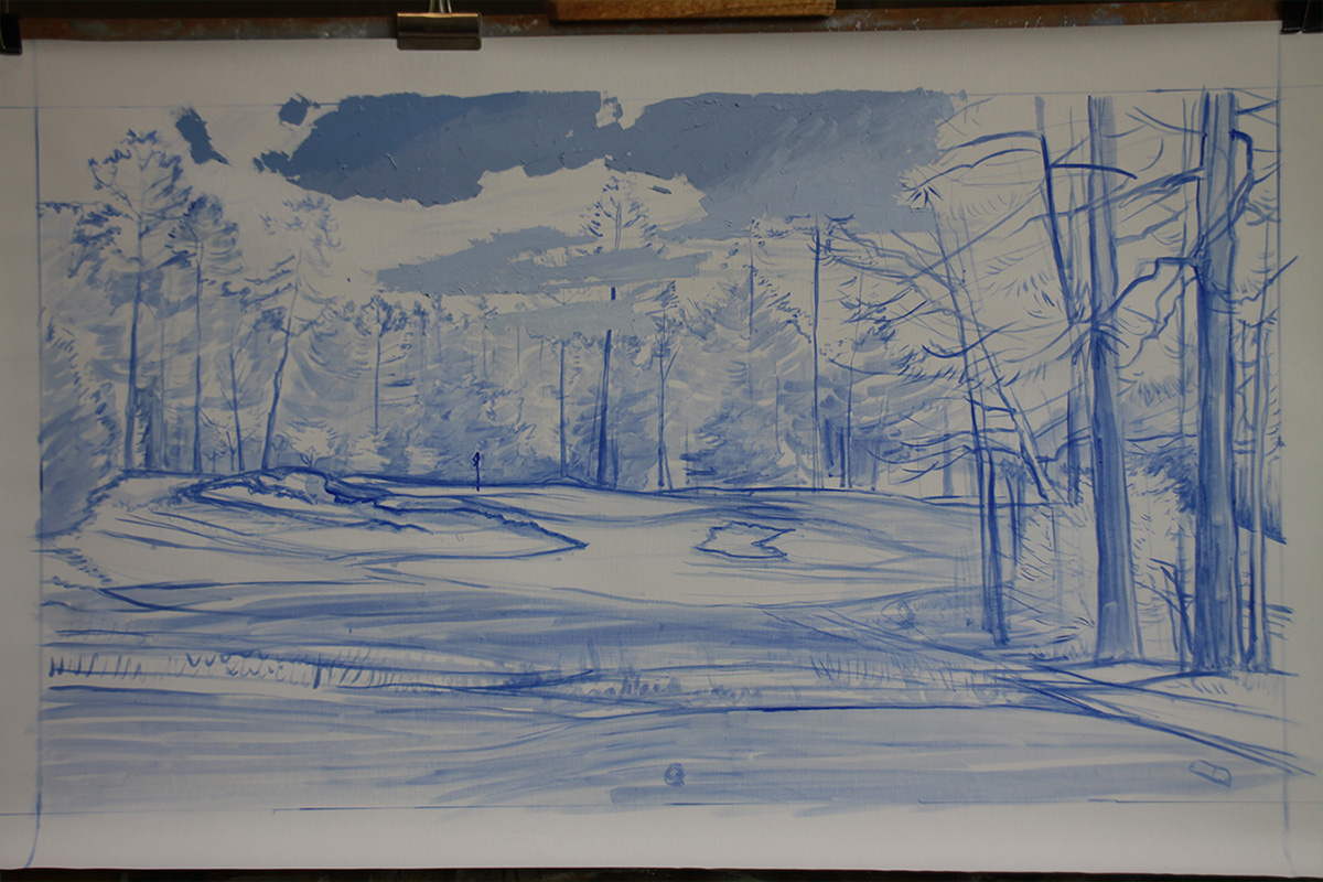 A work-in-progress painting of the 5th hole at Pinehurst, 2014 US Open Championship by renowned Hilton Head Island artist Linda Hartough