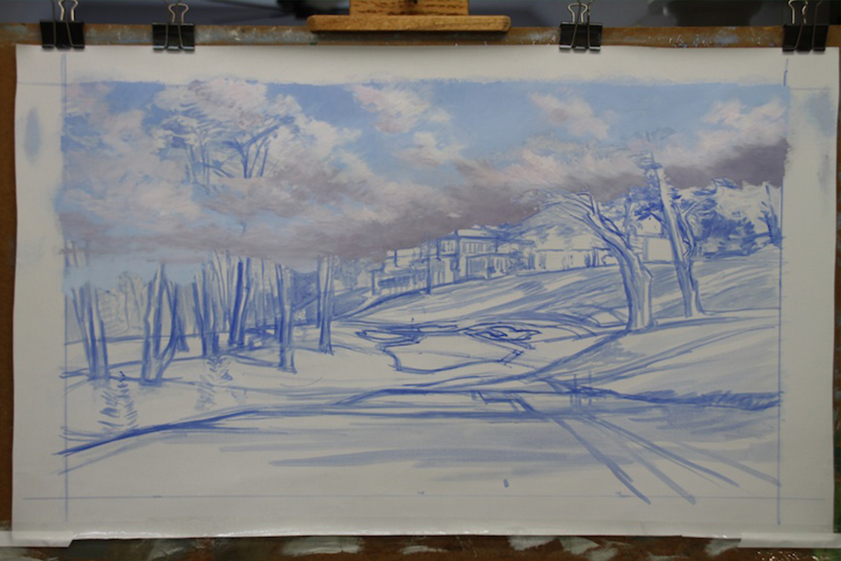 A work-in-progress painting of the 8th hole at Olympic, 2012 US Open Championship by renowned Hilton Head Island artist Linda Hartough