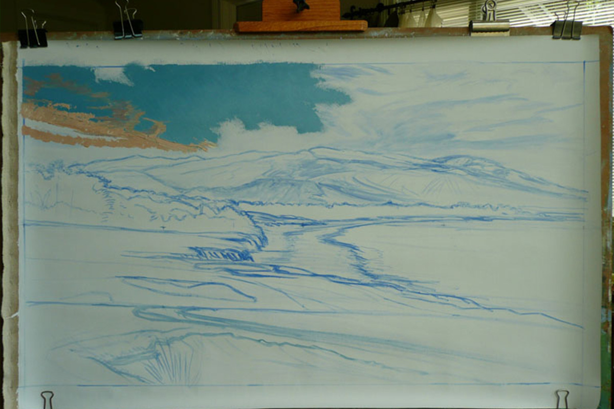 A work-in-progress painting of the 9th hole at Pebble Beach, 2010 US Open Championship by renowned Hilton Head Island artist Linda Hartough