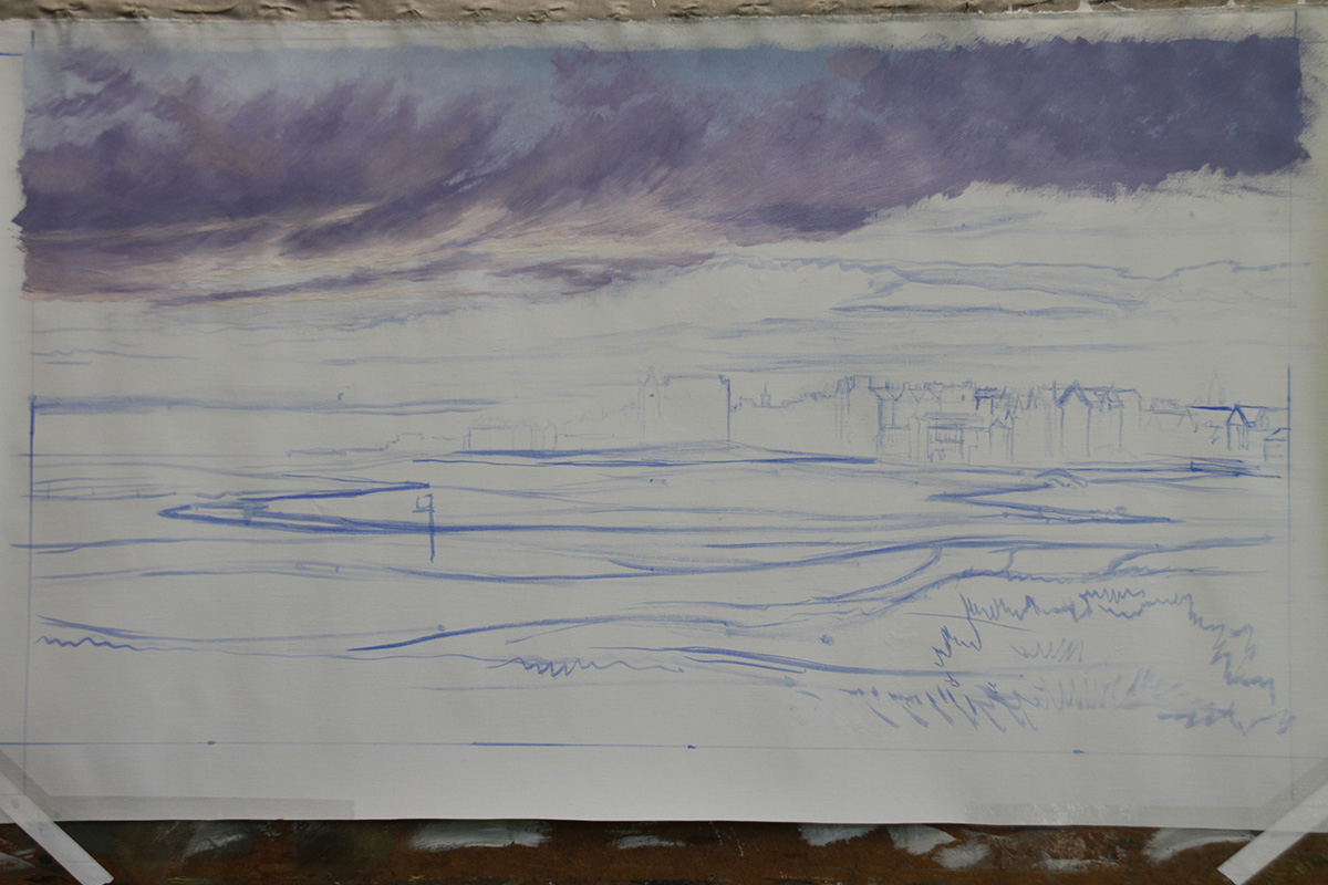 A work-in-progress painting of the 1st hole at St Andrews (Old Course) by renowned Hilton Head Island artist Linda Hartough