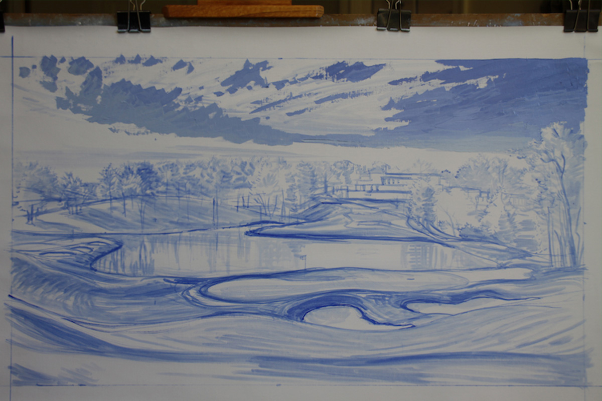 A work-in-progress painting of the 10th hole at Congressional, 2011 US Open Championship by renowned Hilton Head Island artist Linda Hartough