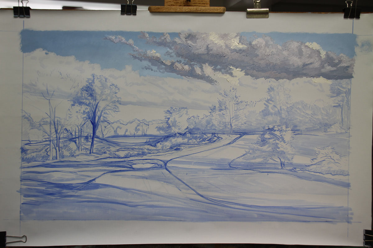 A work-in-progress painting of the 16th hole at Merion, 2013 US Open Championship by renowned Hilton Head Island artist Linda Hartough