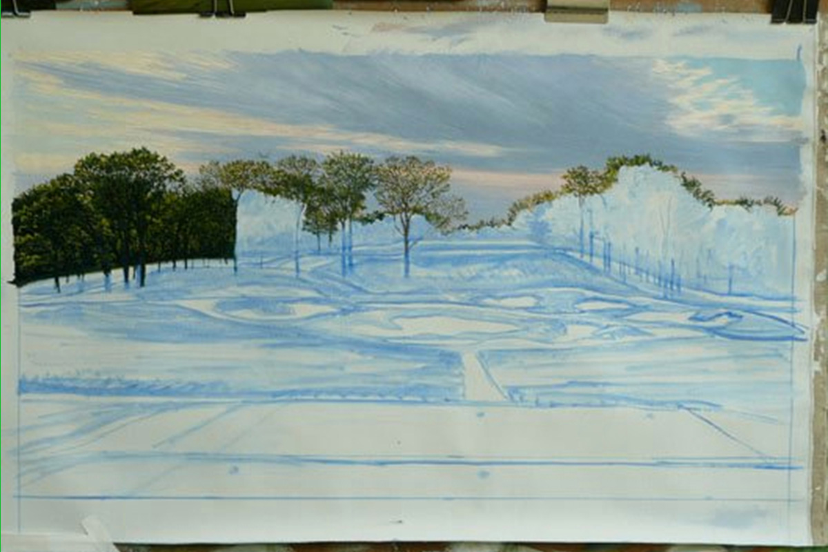 A work-in-progress painting of the 17th hole at Bethpage, 2009 US Open Championship by renowned Hilton Head Island artist Linda Hartough