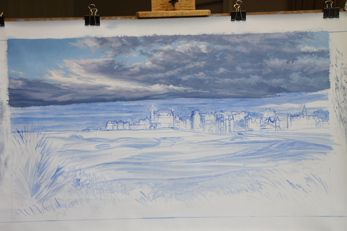 A work-in-progress painting of the 17th hole at Road Hole, St Andrews by renowned Hilton Head Island artist Linda Hartough