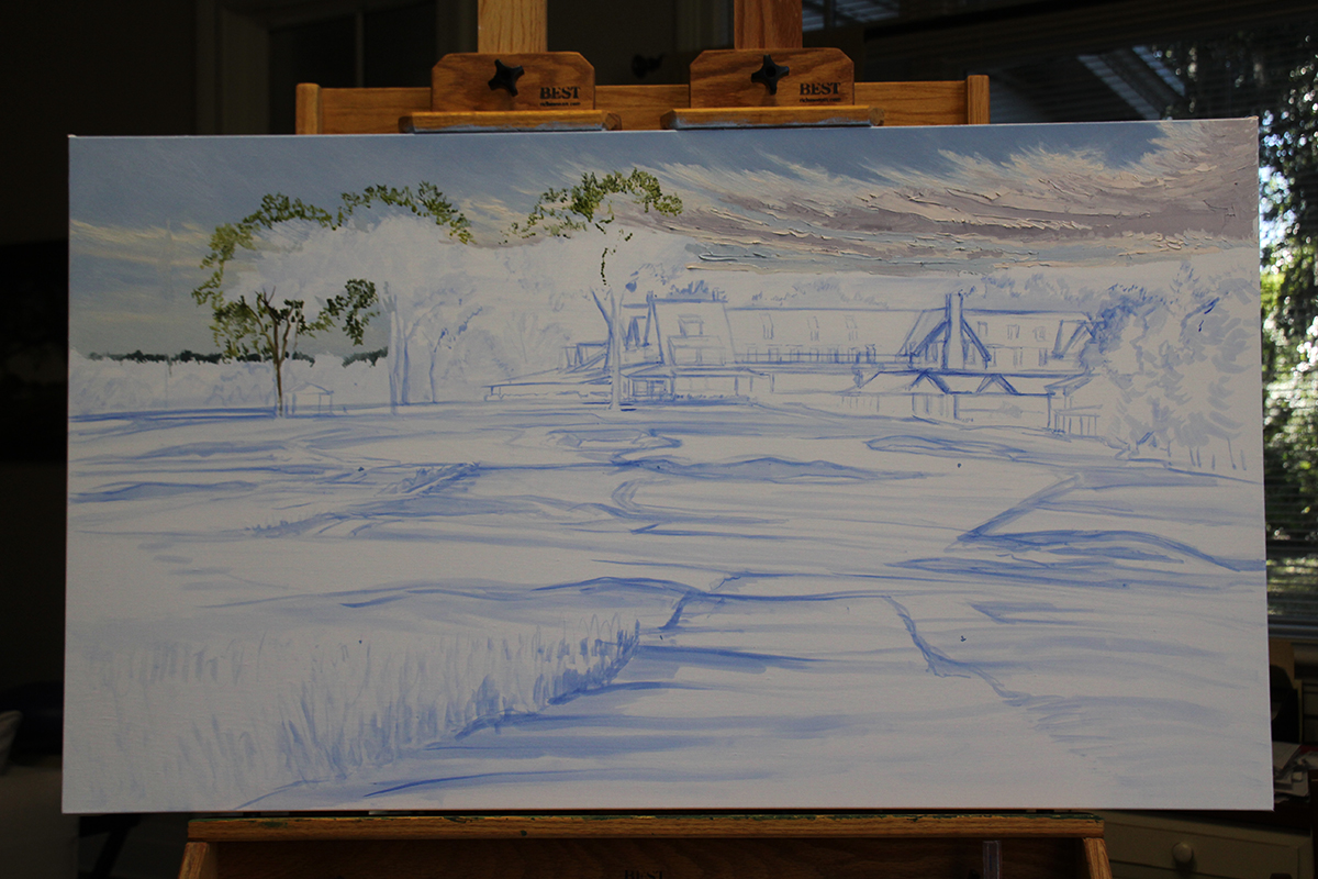 A work-in-progress painting of the 18th hole at Oakmont Country Club by renowned Hilton Head Island artist Linda Hartough