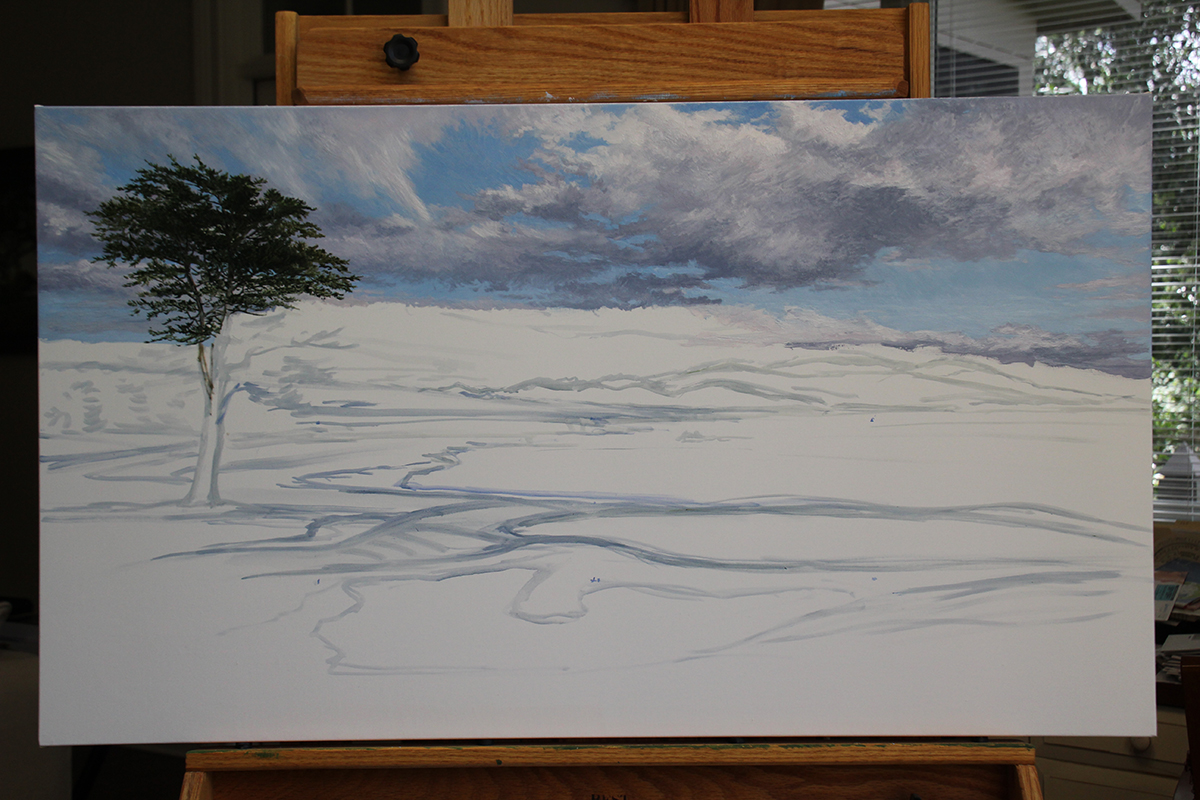 A work-in-progress painting of the 18th hole at Pebble Beach by renowned Hilton Head Island artist Linda Hartough