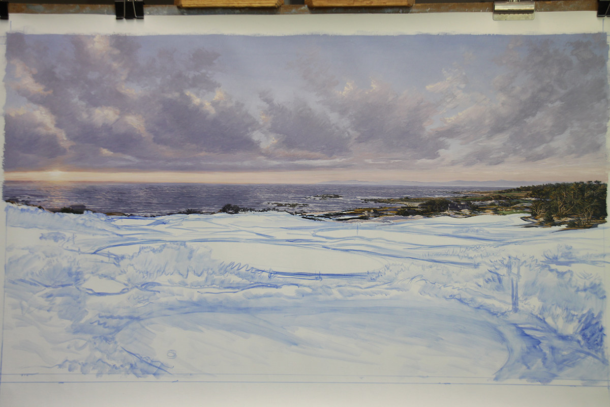 A work-in-progress painting of the 3rd hole at Spy Glass Hill by renowned Hilton Head Island artist Linda Hartough