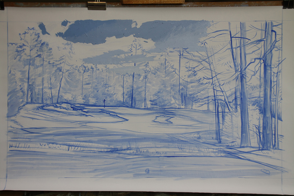 A work-in-progress painting of the 5th hole at Pinehurst, 2014 US Open Championship by renowned Hilton Head Island artist Linda Hartough