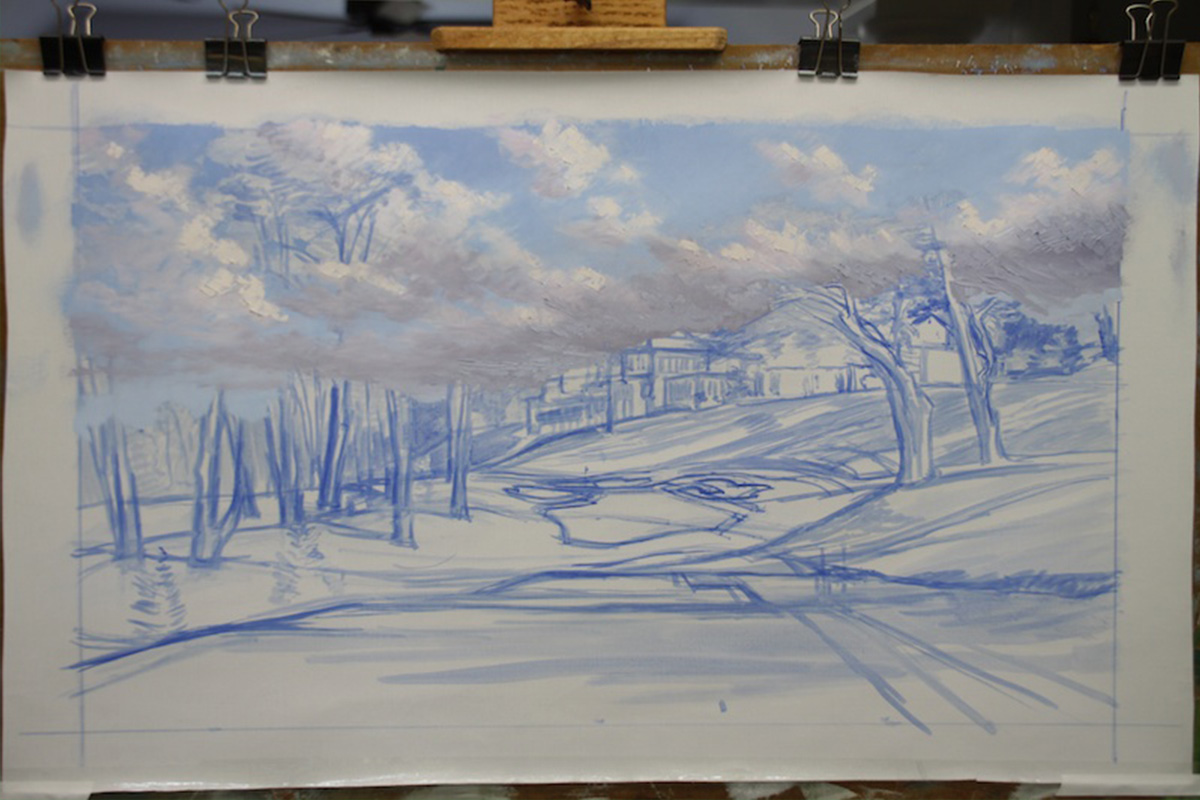 A work-in-progress painting of the 8th hole at Olympic, 2012 US Open Championship by renowned Hilton Head Island artist Linda Hartough