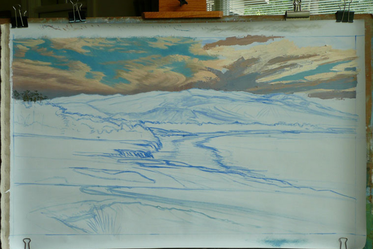 A work-in-progress painting of the 9th hole at Pebble Beach, 2010 US Open Championship by renowned Hilton Head Island artist Linda Hartough