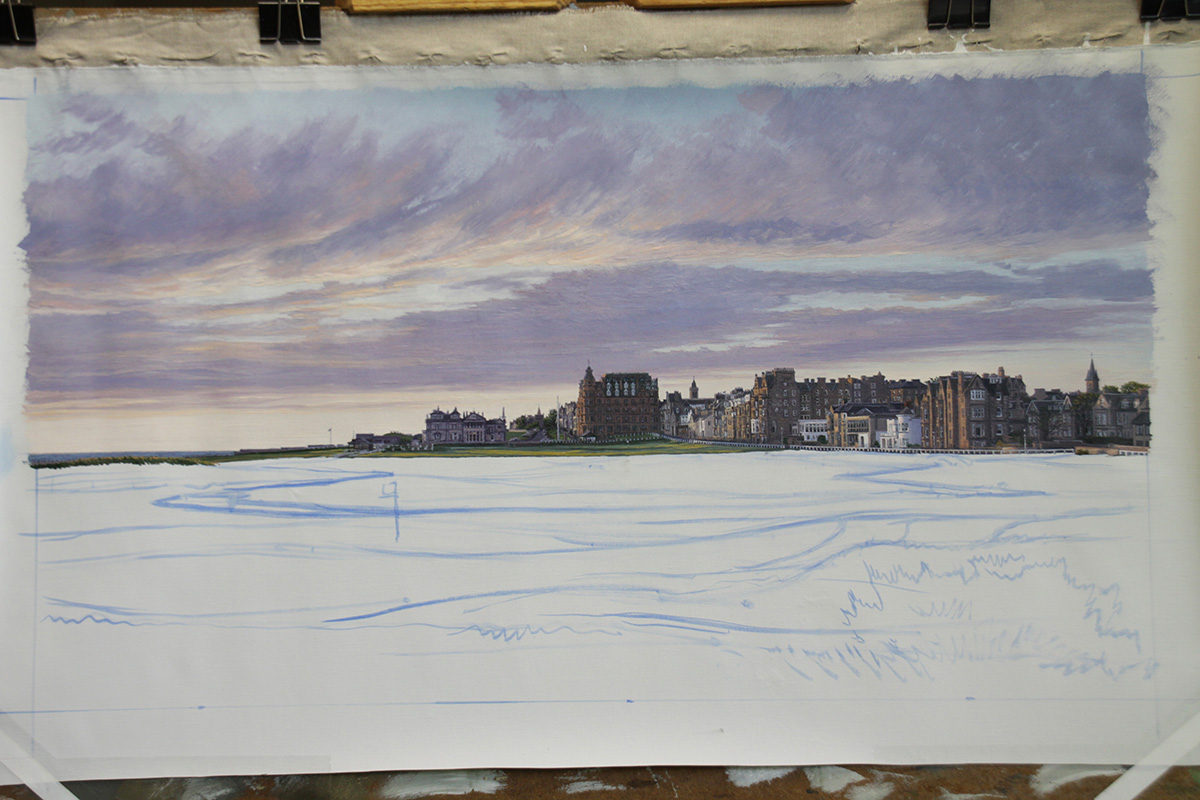 A work-in-progress painting of the 1st hole at St Andrews (Old Course) by renowned Hilton Head Island artist Linda Hartough