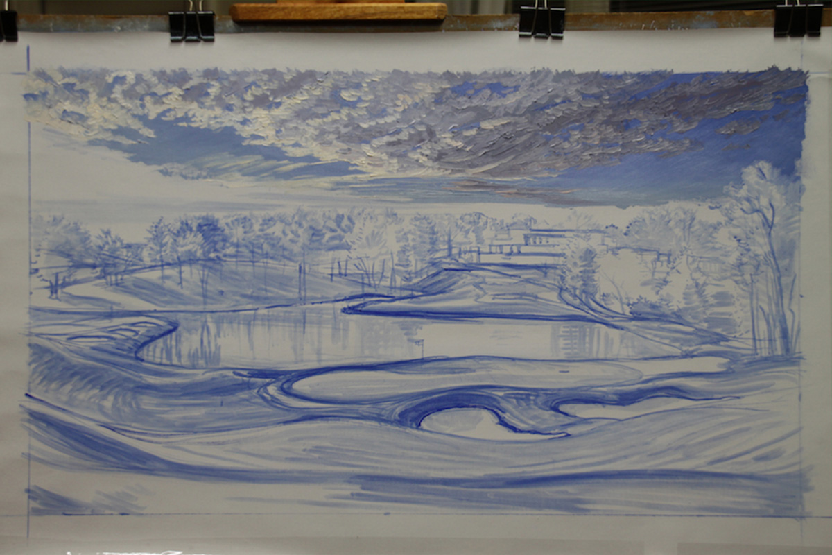 A work-in-progress painting of the 10th hole at Congressional, 2011 US Open Championship by renowned Hilton Head Island artist Linda Hartough