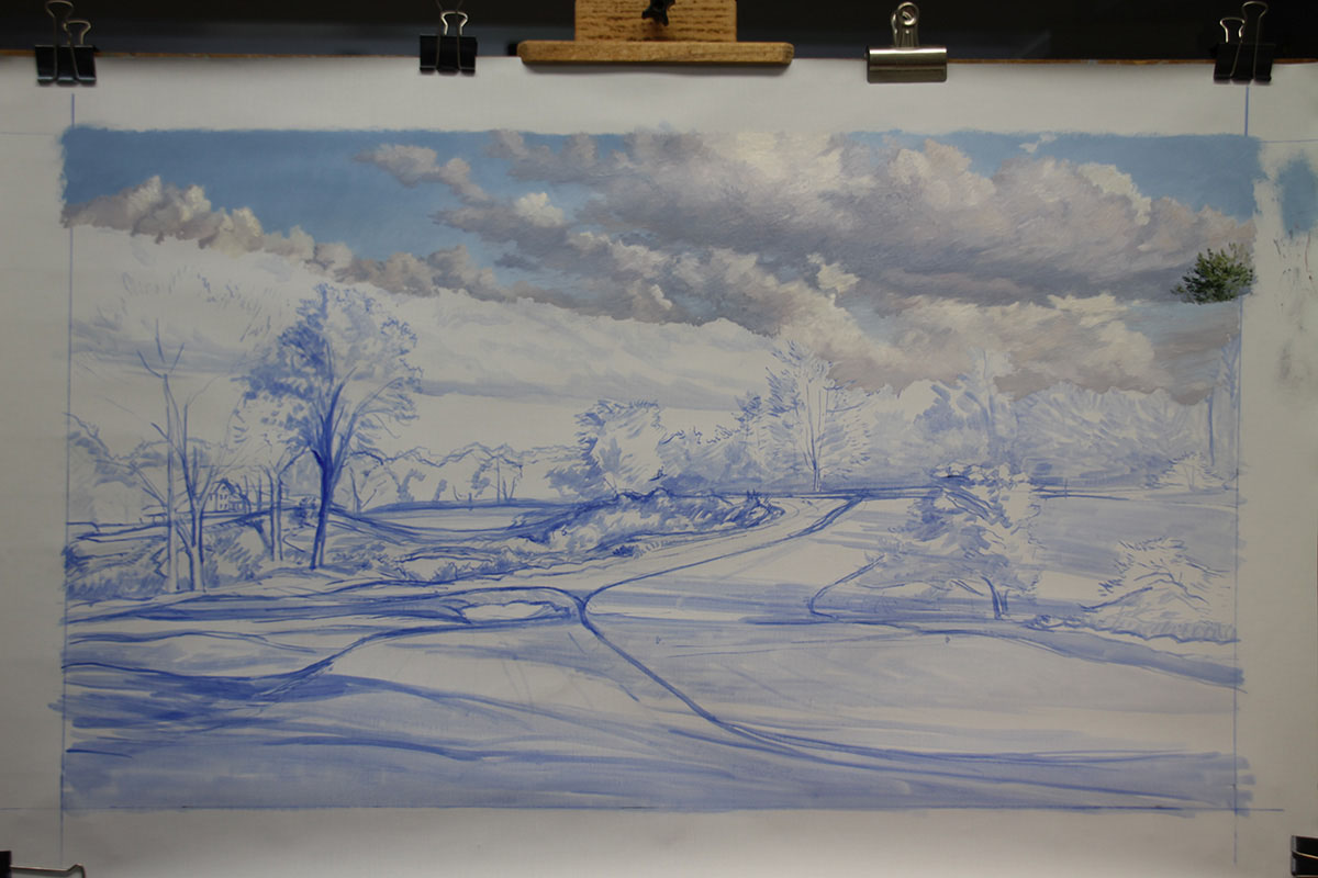 A work-in-progress painting of the 16th hole at Merion, 2013 US Open Championship by renowned Hilton Head Island artist Linda Hartough