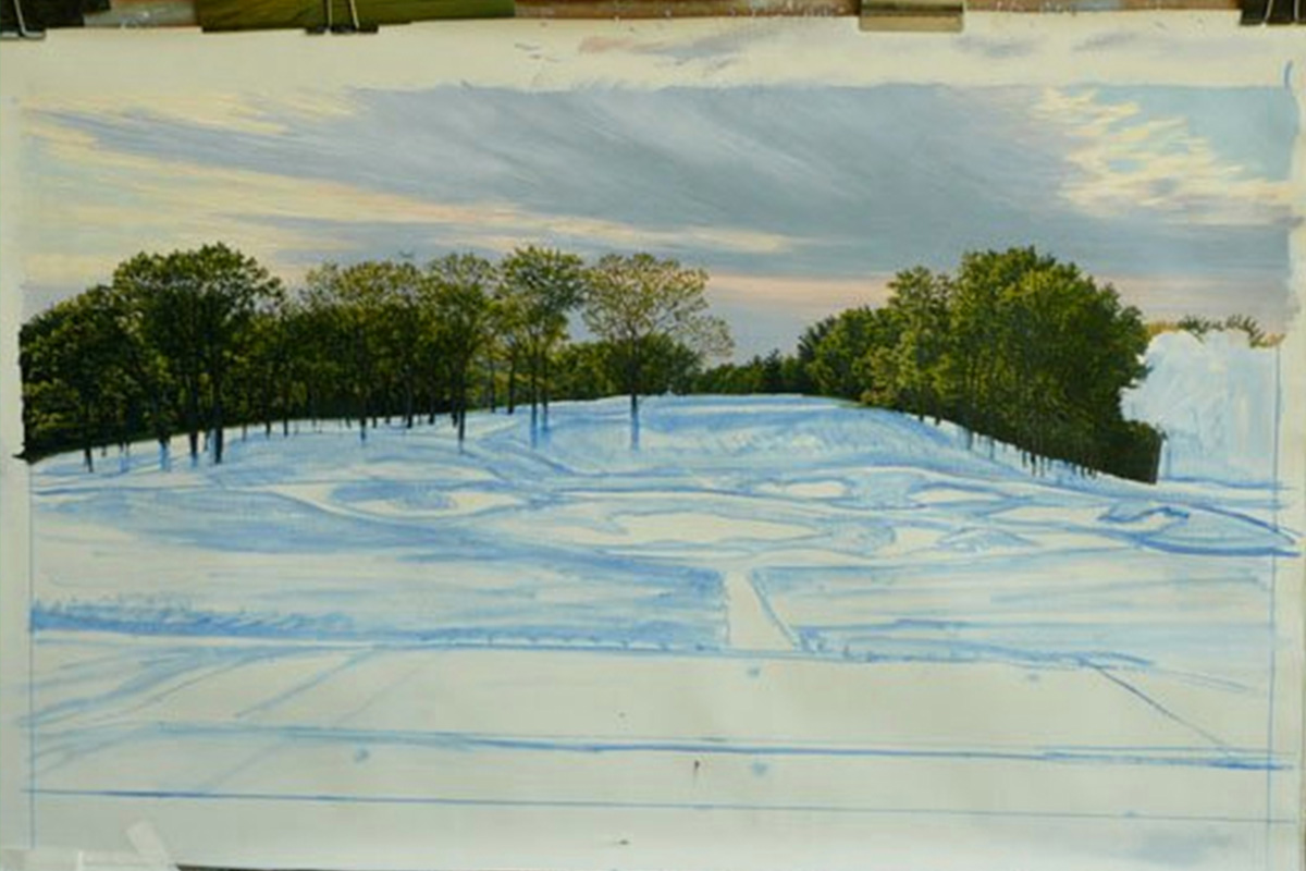 A work-in-progress painting of the 17th hole at Bethpage, 2009 US Open Championship by renowned Hilton Head Island artist Linda Hartough