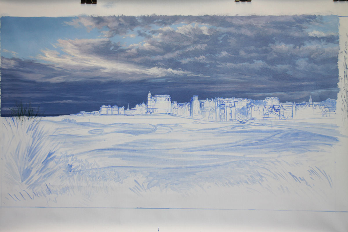 A work-in-progress painting of the 17th hole at Road Hole, St Andrews by renowned Hilton Head Island artist Linda Hartough