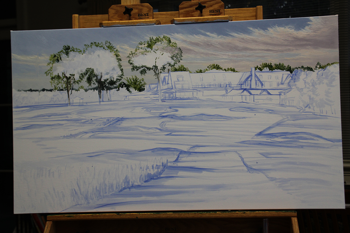A work-in-progress painting of the 18th hole at Oakmont Country Club by renowned Hilton Head Island artist Linda Hartough