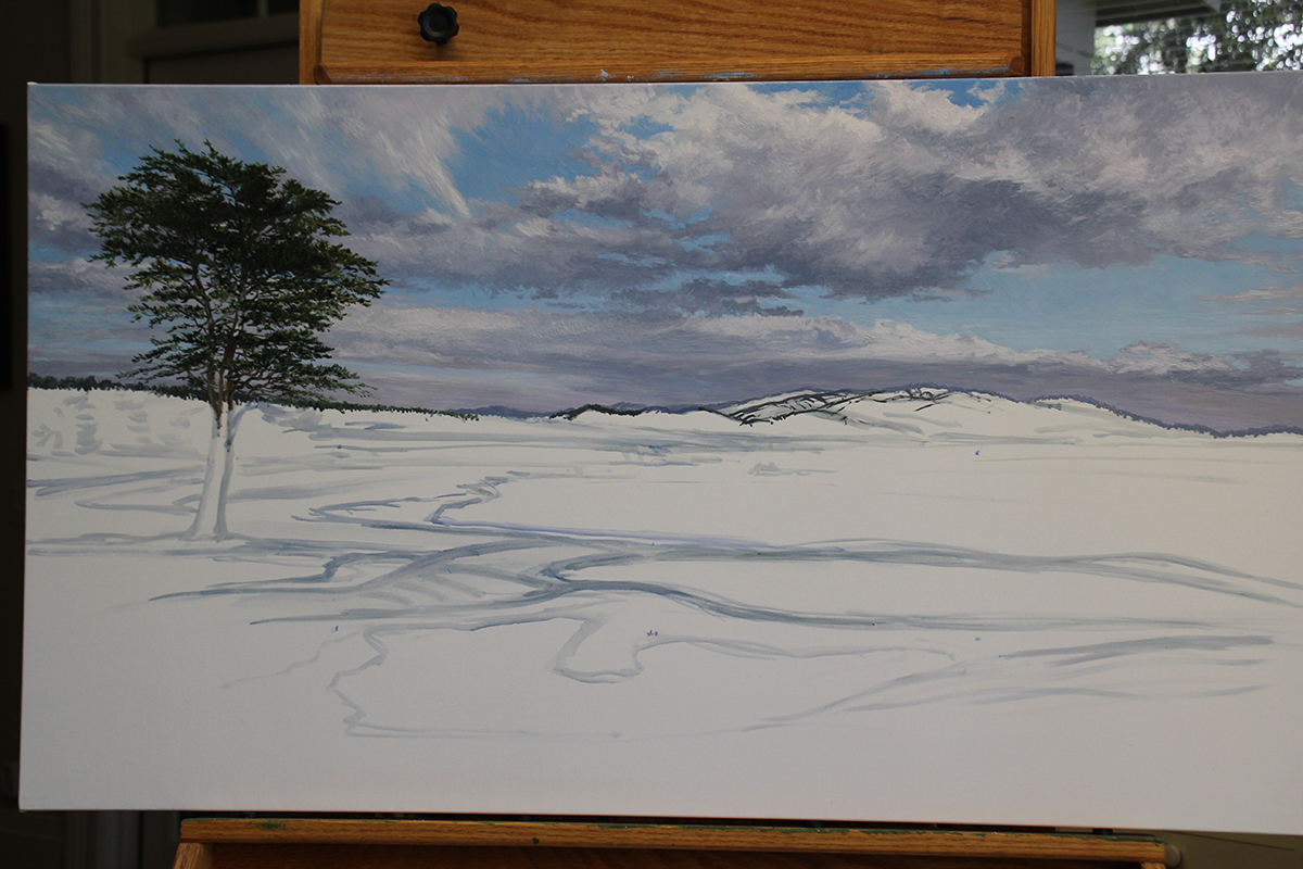 A work-in-progress painting of the 18th hole at Pebble Beach by renowned Hilton Head Island artist Linda Hartough