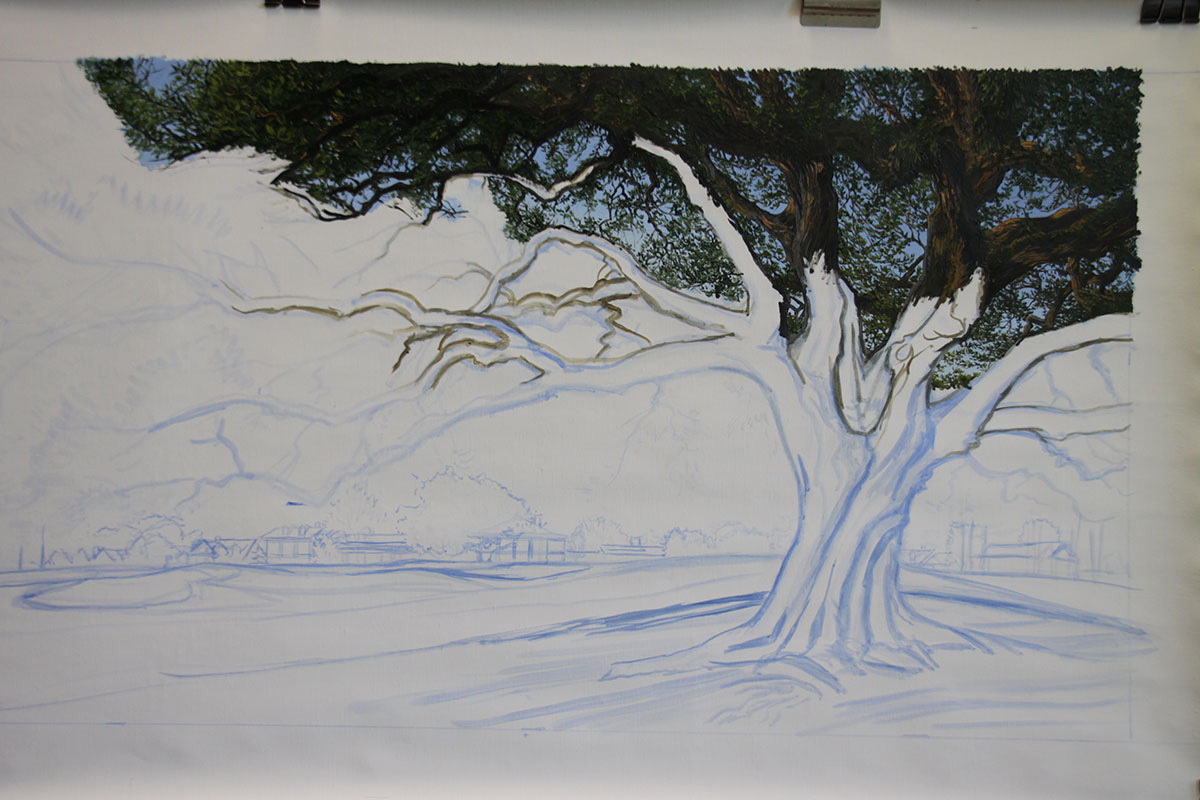 A work-in-progress painting of the 18th hole at Clubhouse, Augusta National by renowned Hilton Head Island artist Linda Hartough