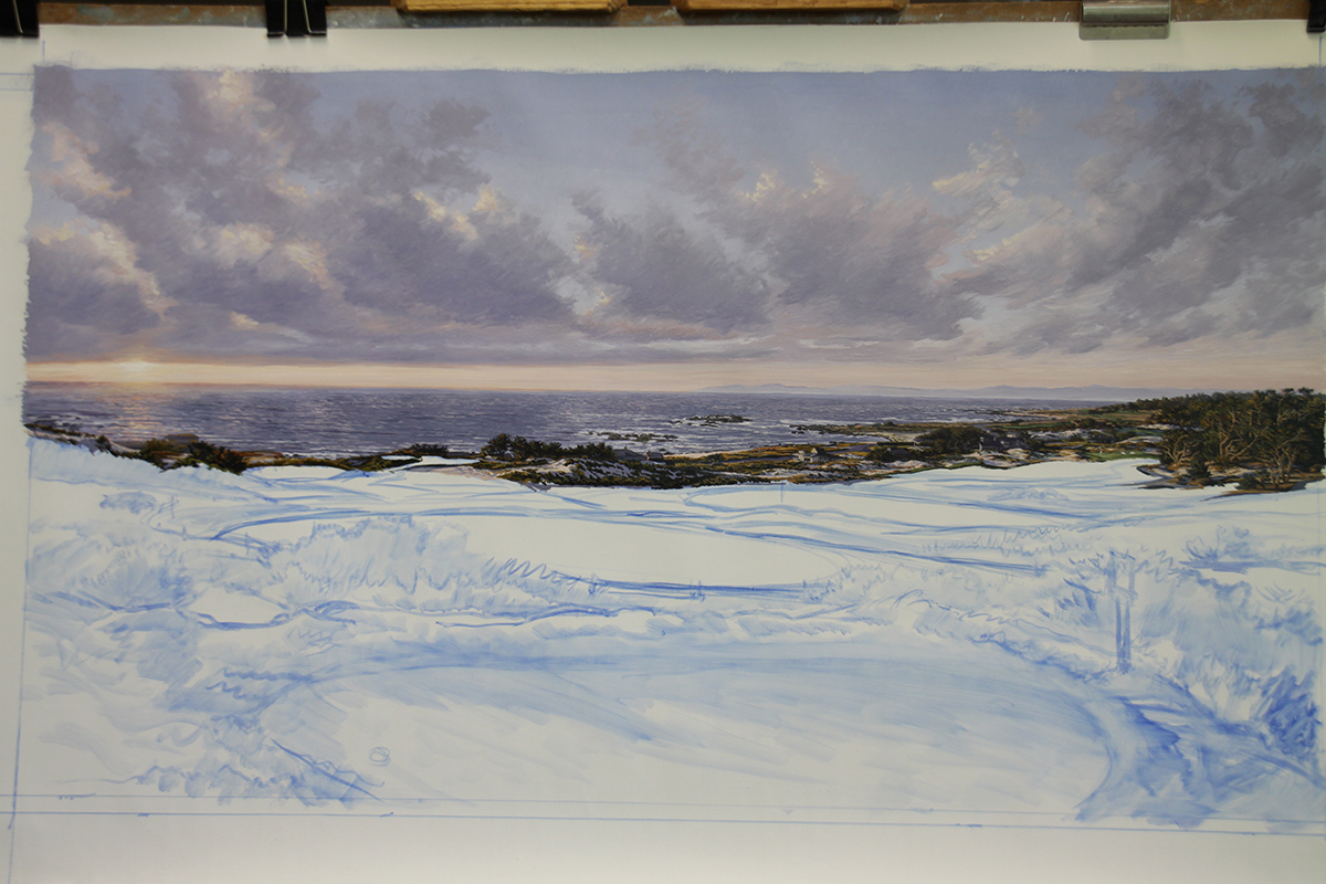 A work-in-progress painting of the 3rd hole at Spy Glass Hill by renowned Hilton Head Island artist Linda Hartough